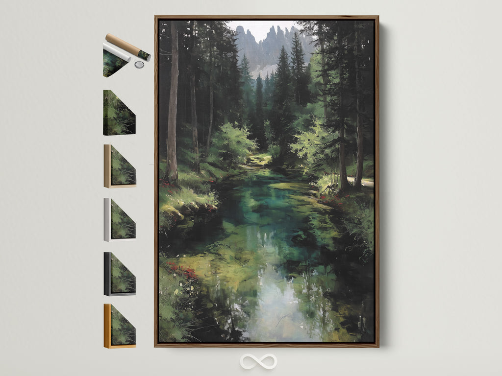 Explore forest river canvas artwork with a brown frame. Discover frame options to match your cabin decor. Elevate your space with woodland landscape painting. Find the perfect nature artwork for a rustic or farmhouse style. Enhance your home with emerald green wall art. A serene forest scene captures a peaceful river landscape.