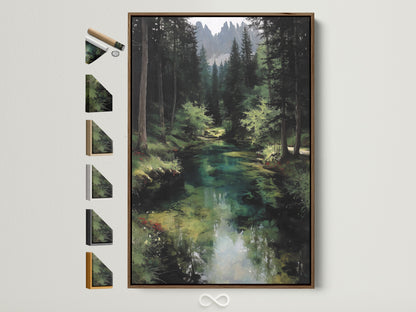 Explore forest river canvas artwork with a brown frame. Discover frame options to match your cabin decor. Elevate your space with woodland landscape painting. Find the perfect nature artwork for a rustic or farmhouse style. Enhance your home with emerald green wall art. A serene forest scene captures a peaceful river landscape.