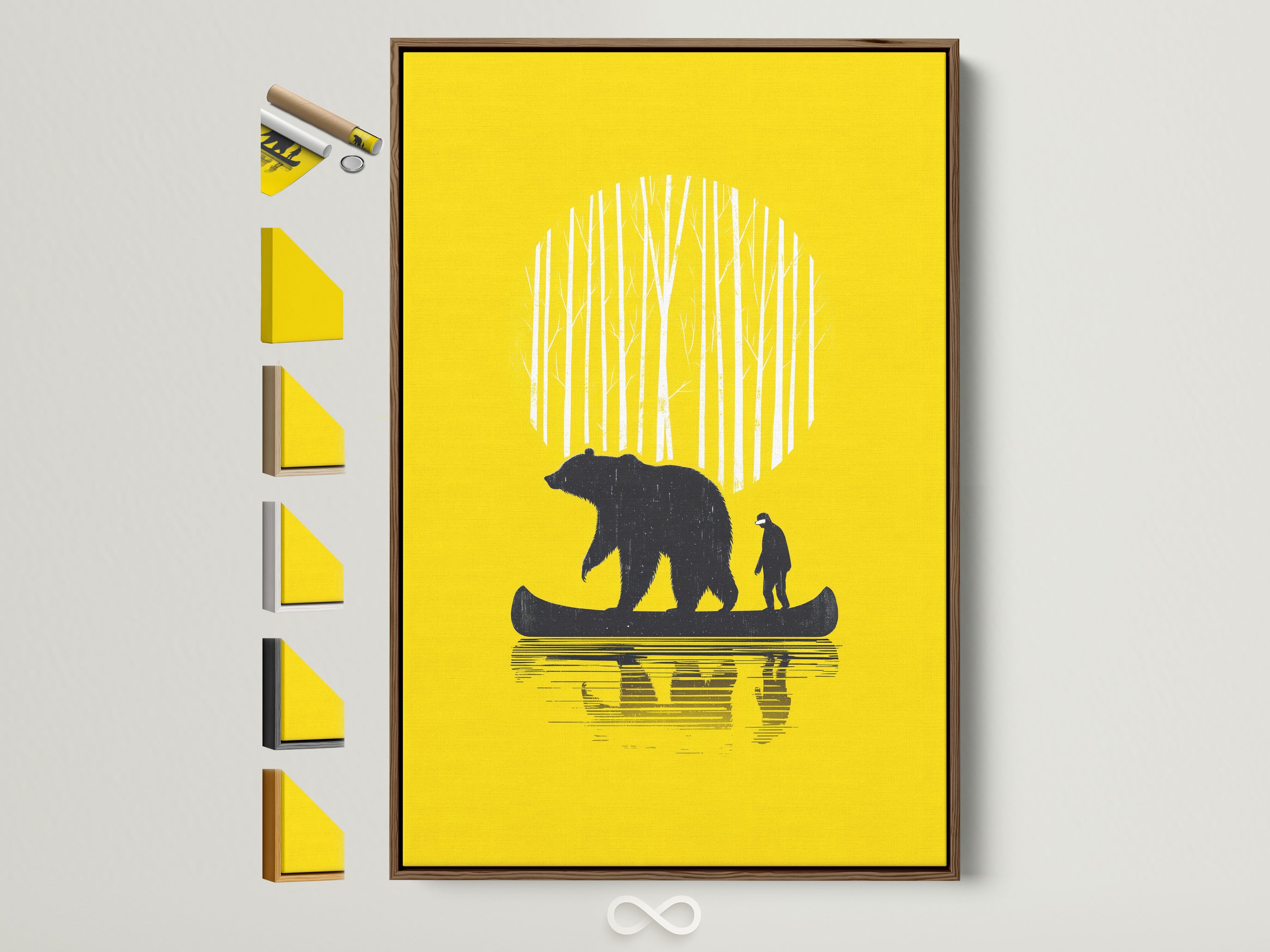 Bear Canoe artwork framed in a brown frame. The print is yellow and features a bear and man in a canoe. Explore frame options to match your cabin decor. Find the perfect frame for your forest adventure artwork.