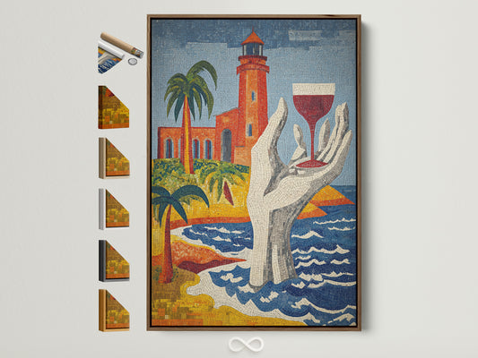 Lighthouse mosaic art print in a brown frame. Frame options are displayed beside the artwork. This coastal wall decor features Mediterranean tile artwork. It's perfect for adding a nautical touch. The art enhances beach house decor.