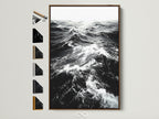 Black and white ocean wave artwork in a brown frame. See all our frame options displayed on the side. Find the perfect frame to complement your coastal photography. Elevate your bedroom wall art today.