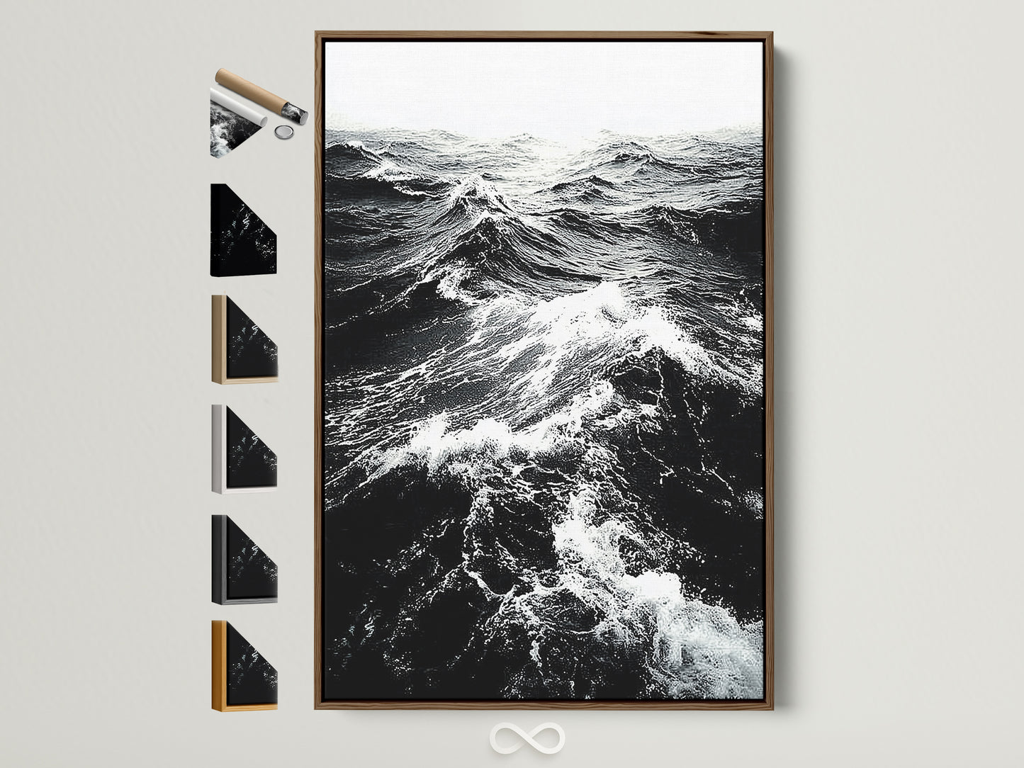 Black and white ocean wave artwork in a brown frame. See all our frame options displayed on the side. Find the perfect frame to complement your coastal photography. Elevate your bedroom wall art today.