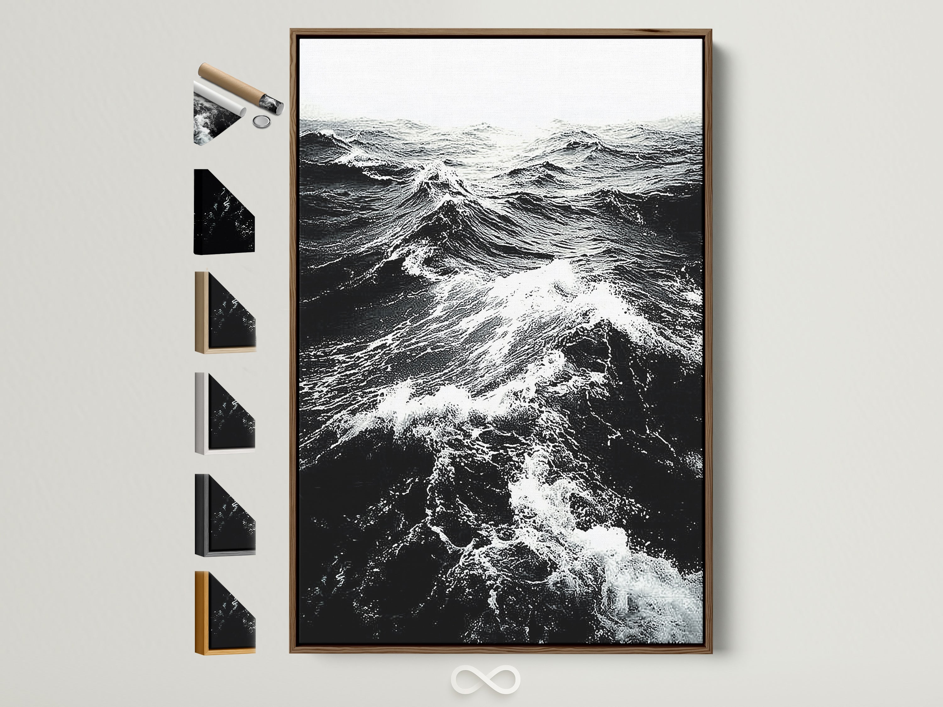 Black and white ocean wave artwork in a brown frame. See all our frame options displayed on the side. Find the perfect frame to complement your coastal photography. Elevate your bedroom wall art today.