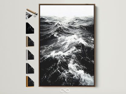 Black and white ocean wave artwork in a brown frame. See all our frame options displayed on the side. Find the perfect frame to complement your coastal photography. Elevate your bedroom wall art today.