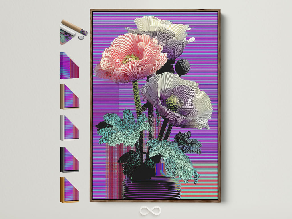 Vaporwave poppy art print in a brown frame. The retro glitch botanical wall art features a purple aesthetic. It's an eye-catching canvas for bedroom decor. Frame options are displayed. Perfect for adding a modern touch to any room.