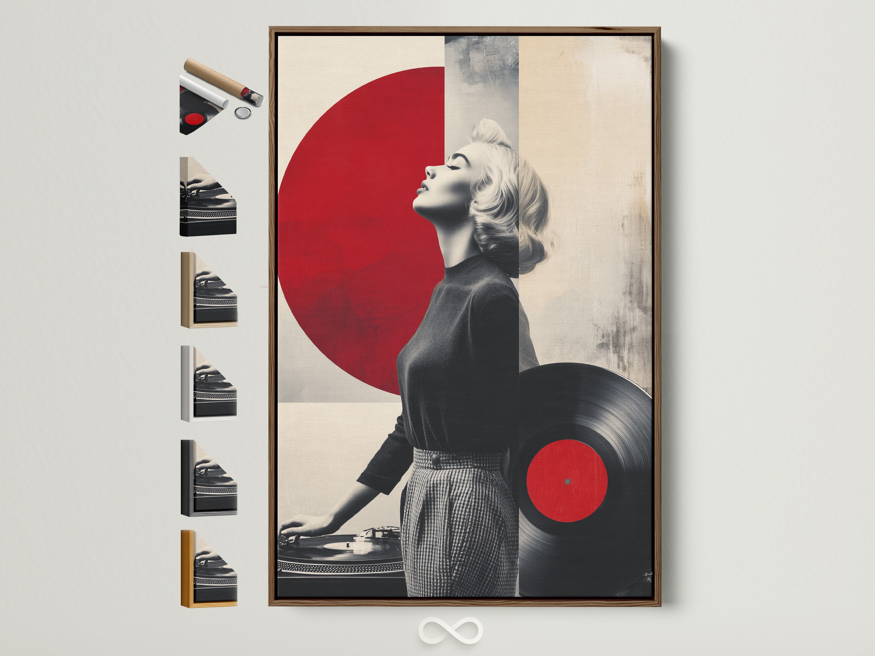 Elevate your space with our vintage music artwork. See the brown frame option with all available frame choices displayed. Perfect for adding a retro touch to any room. Discover how this retro dj woman canvas print enhances your home decor today