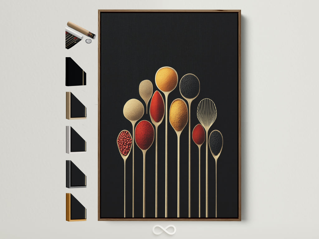 Spice Spoons artwork with a brown frame. This modern kitchen wall art features culinary art print for dining decor. It is a perfect foodie gift with frame options displayed on the side.