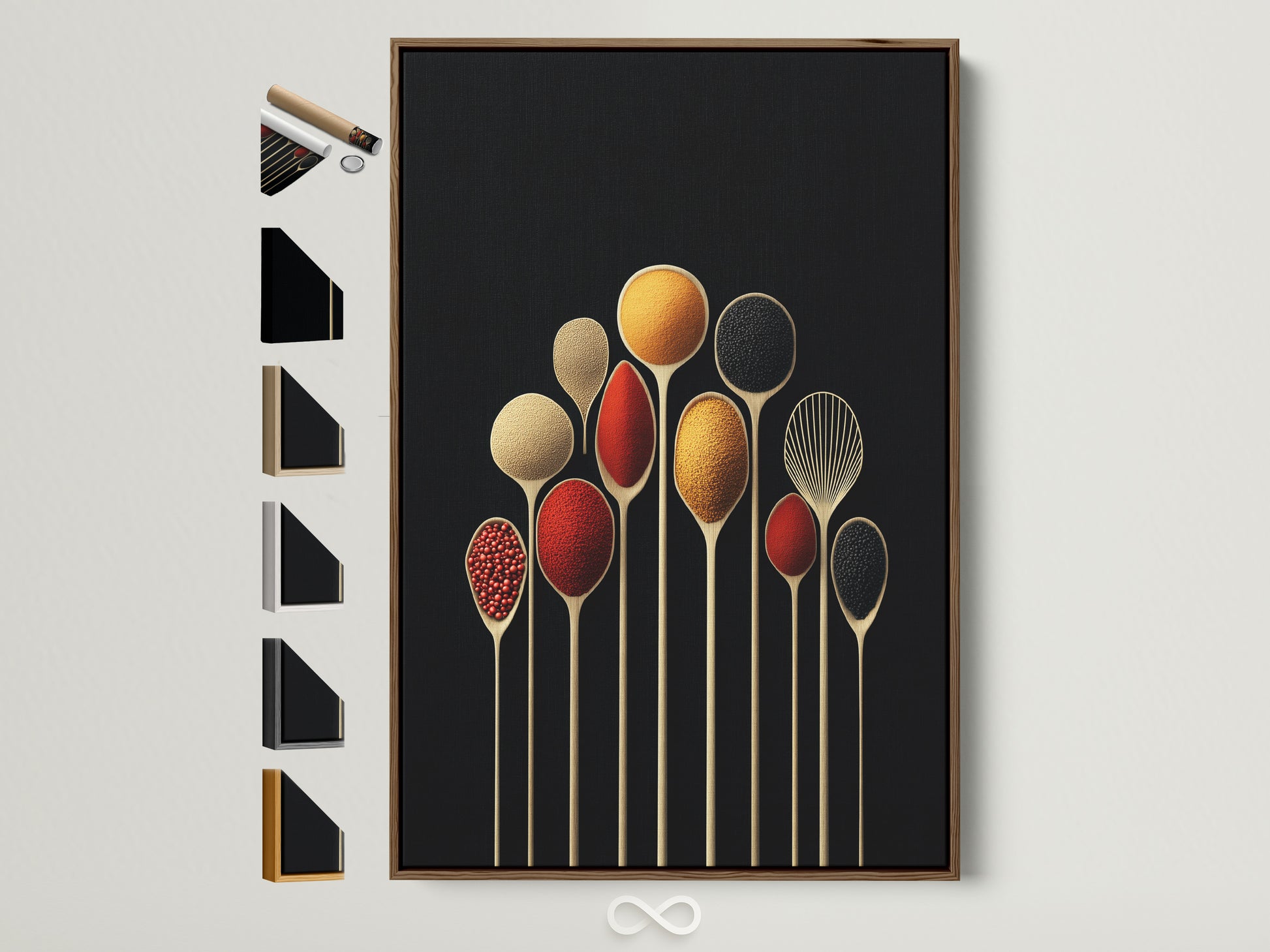 Spice Spoons artwork with a brown frame. This modern kitchen wall art features culinary art print for dining decor. It is a perfect foodie gift with frame options displayed on the side.