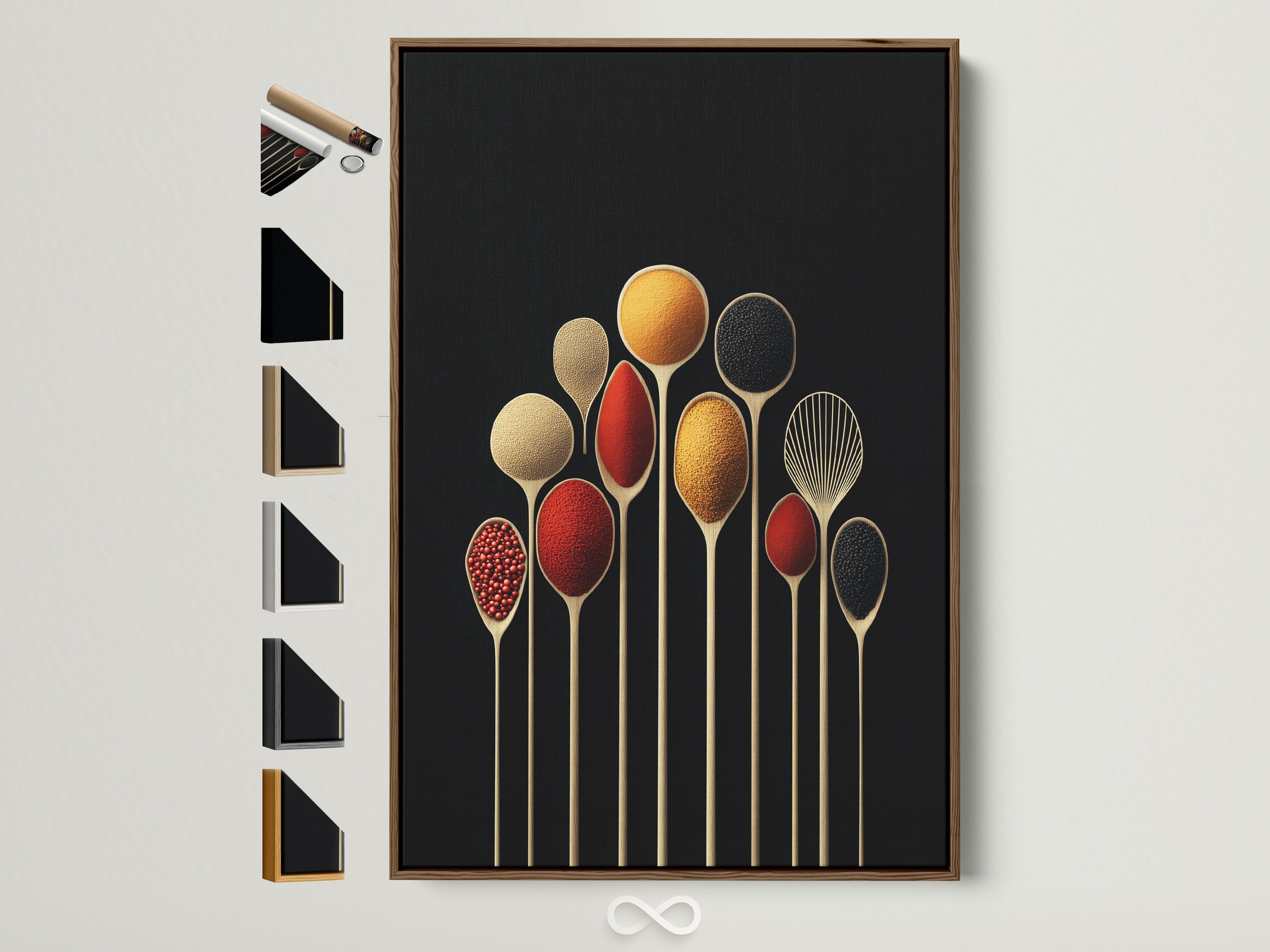 Spice Spoons artwork with a brown frame. This modern kitchen wall art features culinary art print for dining decor. It is a perfect foodie gift with frame options displayed on the side.