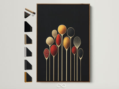 Spice Spoons artwork with a brown frame. This modern kitchen wall art features culinary art print for dining decor. It is a perfect foodie gift with frame options displayed on the side.