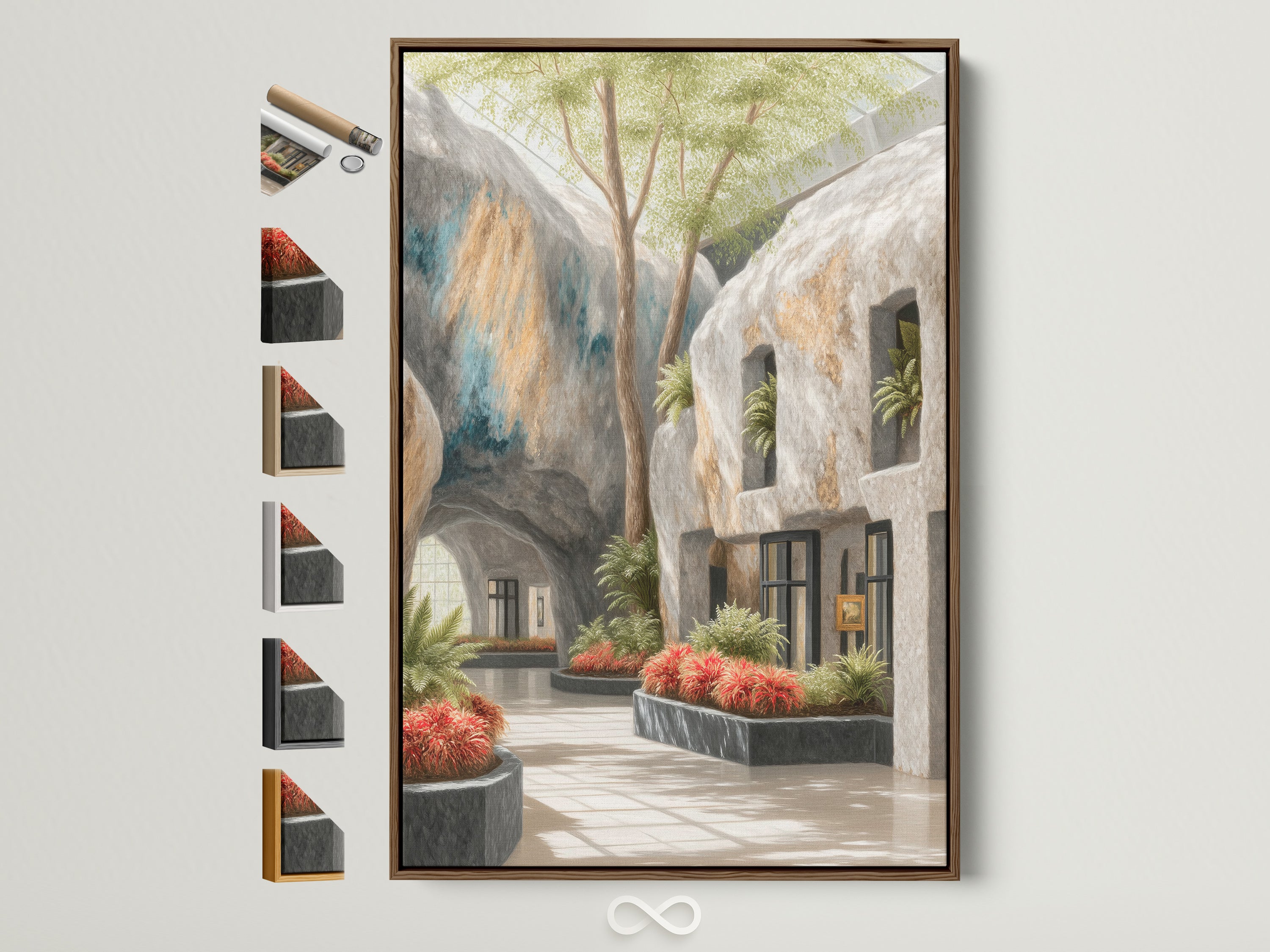 Architectural Atrium artwork with a brown frame adds warmth. See all frame options available. The botanical garden wall art brings a modern touch to any space. Perfect for office decor or a plant lover's gift. This sunlit courtyard print creates a peaceful atmosphere.