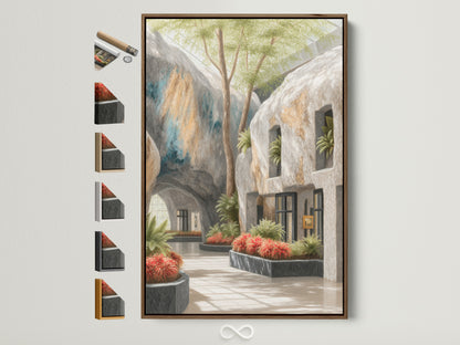 Architectural Atrium artwork with a brown frame adds warmth. See all frame options available. The botanical garden wall art brings a modern touch to any space. Perfect for office decor or a plant lover's gift. This sunlit courtyard print creates a peaceful atmosphere.