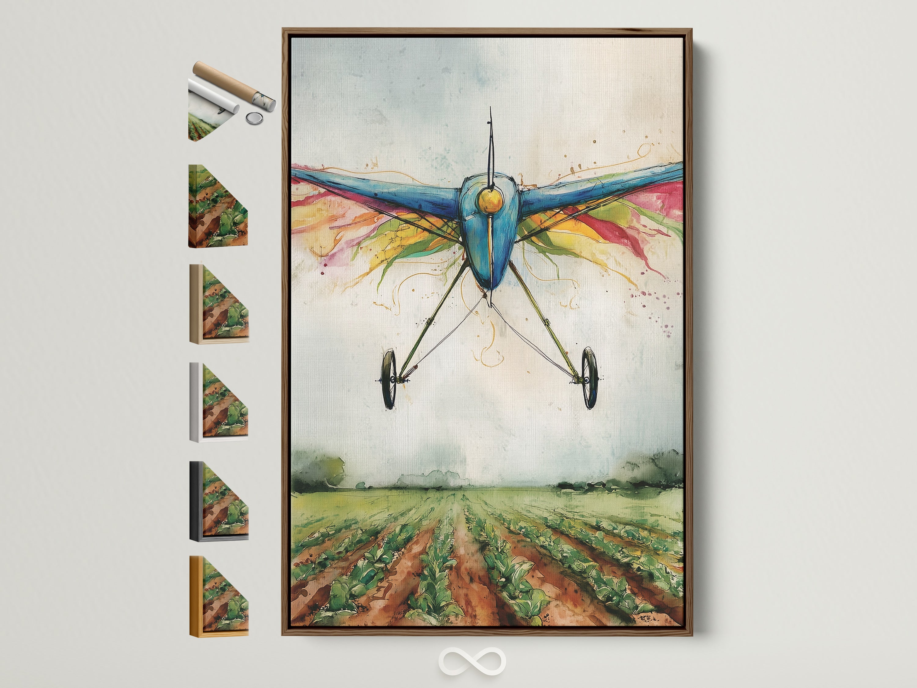 Brown frame displays a vintage watercolor airplane art print. The artwork features a biplane soaring over a green field. Frame options are showcased for a complete view. Perfect aviation artwork for office decor.