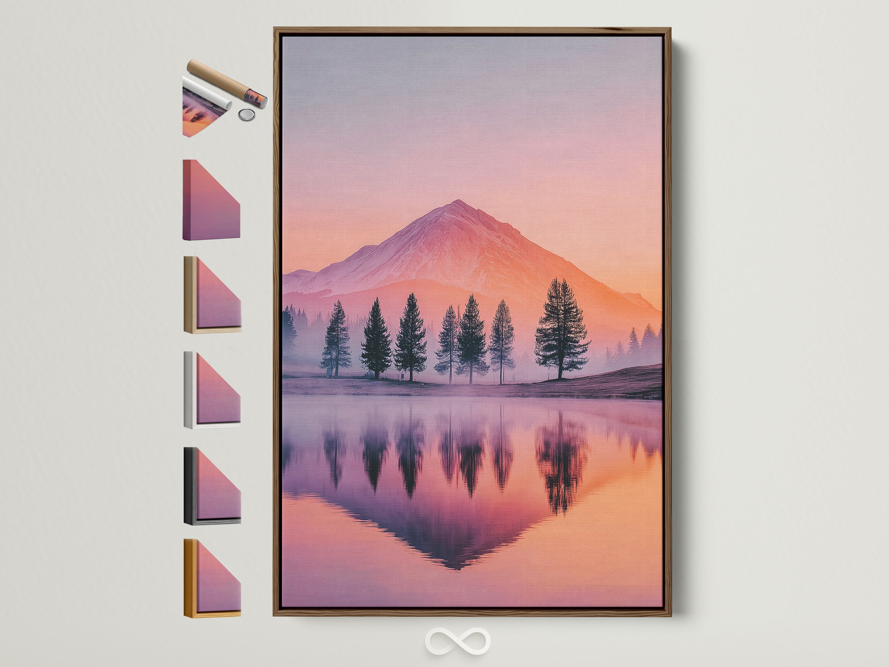Mountain Lake canvas artwork with a brown frame. See all frame options available. The artwork features a serene sunset landscape. Pastel colors create a calming nature photography piece. It is ideal for adding modern decor to any bedroom.