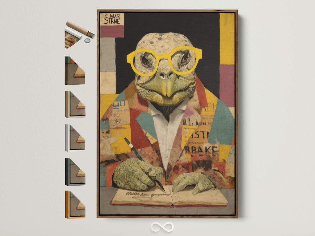 Turtle Scholar Art Print in a brown frame. This vintage academic wall art features a quirky animal canvas print perfect for study room decor. The art is framed with all frame options displayed on the side. It adds a touch of art deco style to any space with yellow and brown colors.
