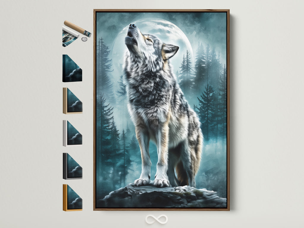 A wolf howls at the moon in this captivating art print. The artwork is displayed in a brown frame. Explore framing options to enhance your space. Discover the perfect frame to complement your art. Transform your walls with framed art today.