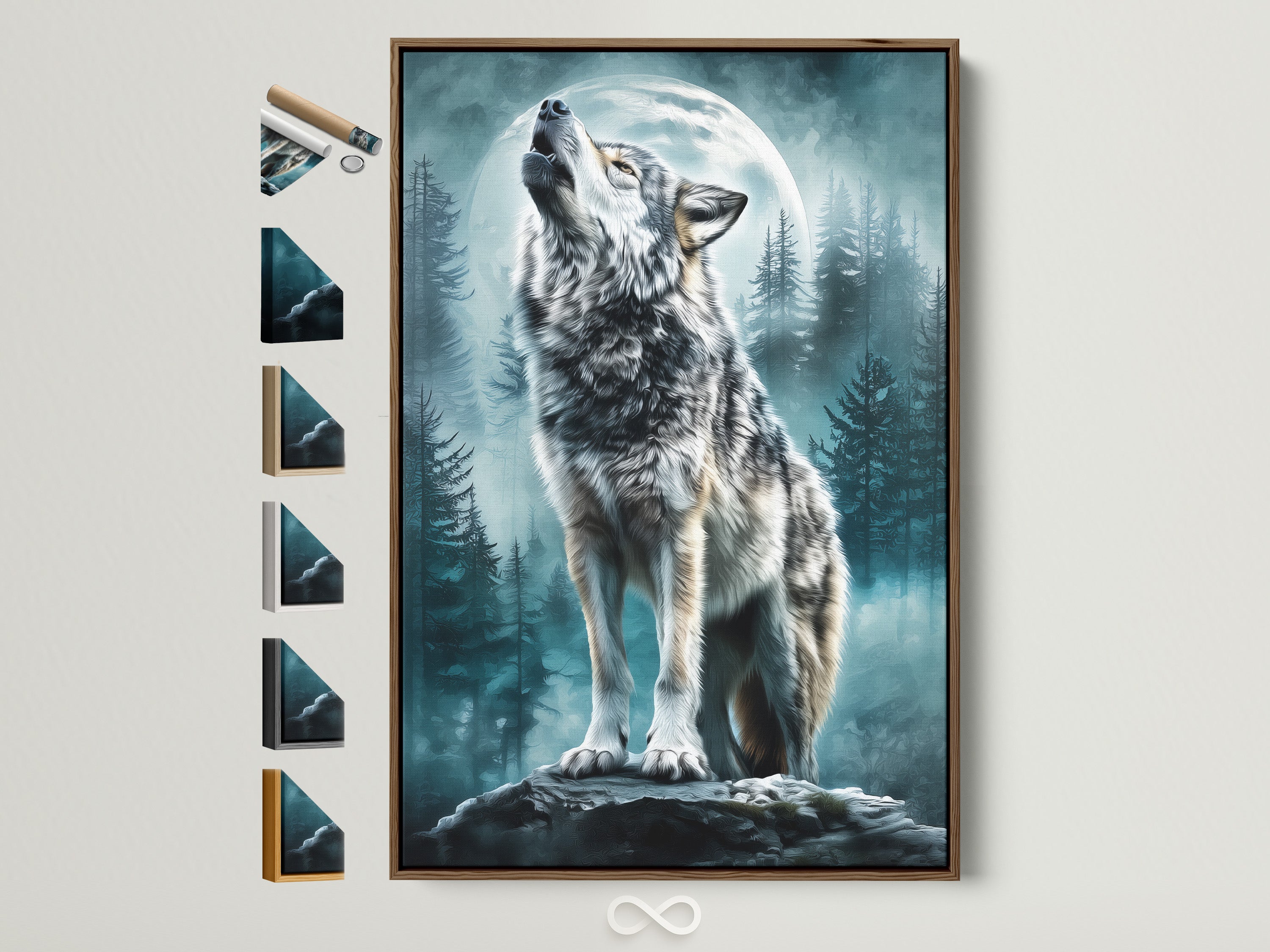 A wolf howls at the moon in this captivating art print. The artwork is displayed in a brown frame. Explore framing options to enhance your space. Discover the perfect frame to complement your art. Transform your walls with framed art today.