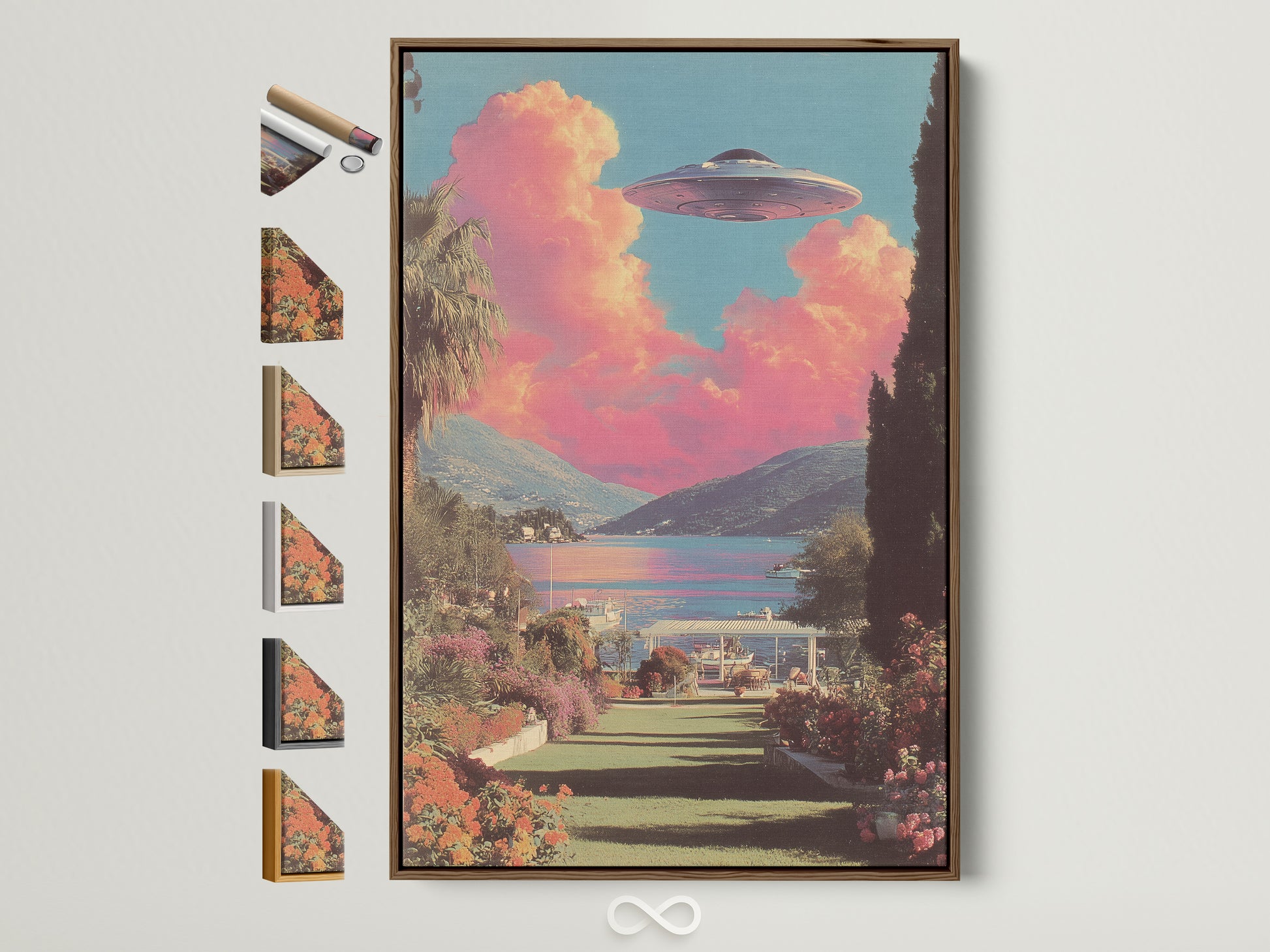UFO Landscape art print is displayed in a brown frame. The frame is one of many options available. The retro alien canvas print adds a touch of surreal sci-fi to the wall. It enhances bedroom decor with its mid-century style. Primary color is pink. Secondary color is blue.
