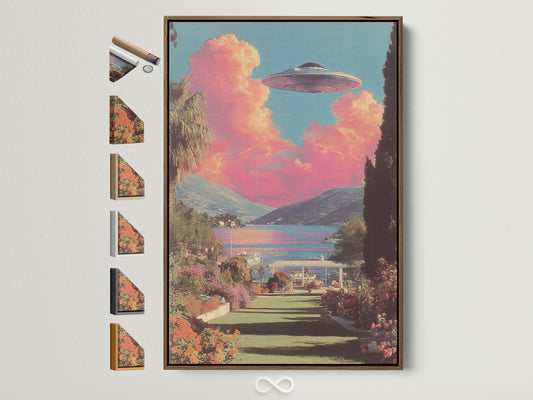 UFO Landscape art print is displayed in a brown frame. The frame is one of many options available. The retro alien canvas print adds a touch of surreal sci-fi to the wall. It enhances bedroom decor with its mid-century style. Primary color is pink. Secondary color is blue.