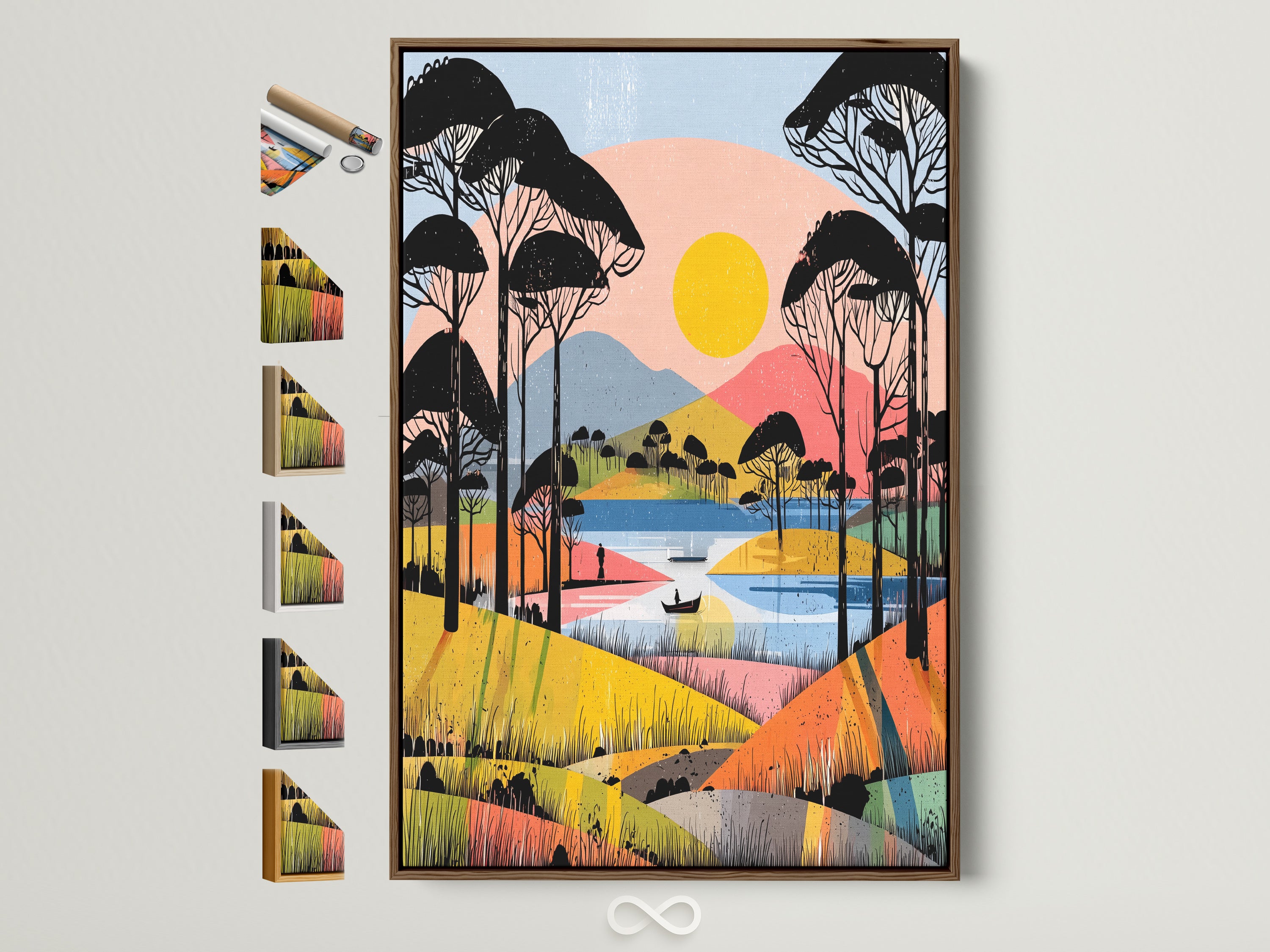 A landscape canvas print is displayed with various frame options. The artwork features an abstract lake scene with colorful geometric shapes. Perfect modern art for living rooms offices and bedrooms. Frame options enhance the artwork for any interior style.