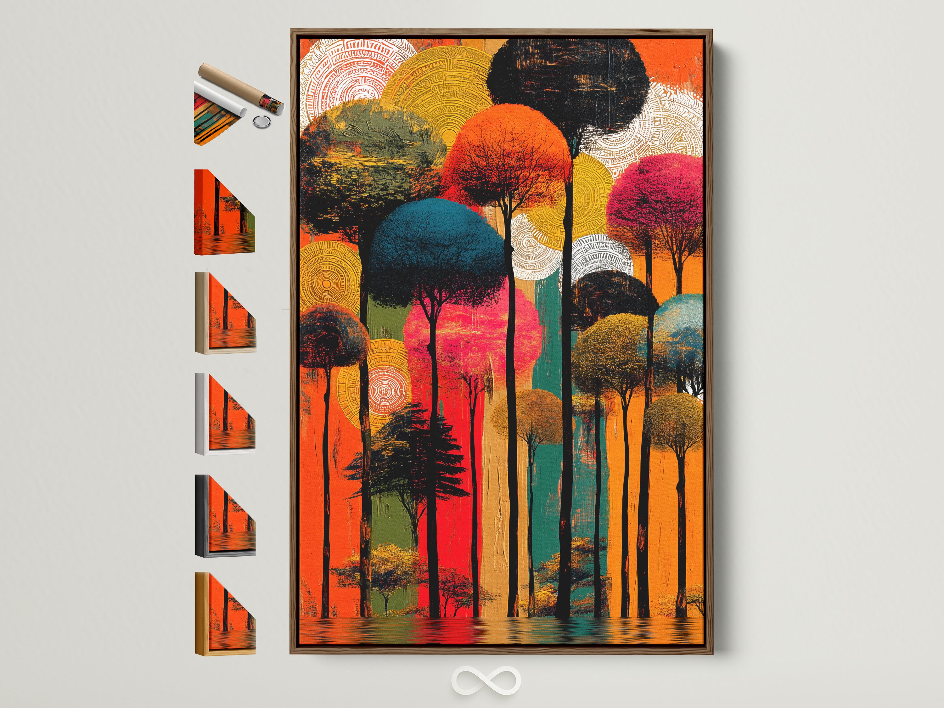 A vibrant abstract tree art print is displayed in a brown frame. This colorful forest canvas wall art adds a modern touch to any room. Frame options are showcased. The artwork brings nature indoors enhancing office decor.
