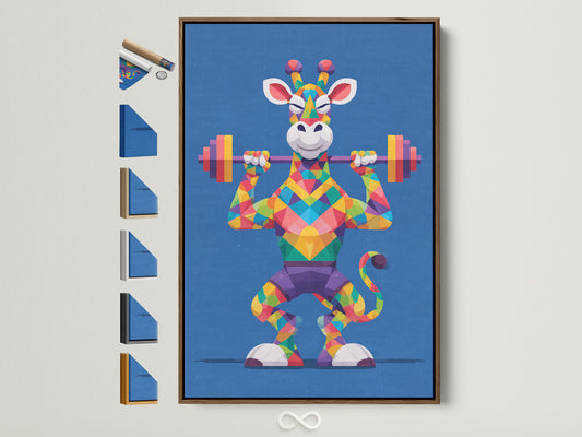 Geometric Giraffe artwork in a brown frame. The artwork features a colorful animal lifting weights. See all frame options available. Ideal for gym decor and fitness motivation. Add a fun and inspirational piece to your workout space. The primary color is blue with rainbow accents.