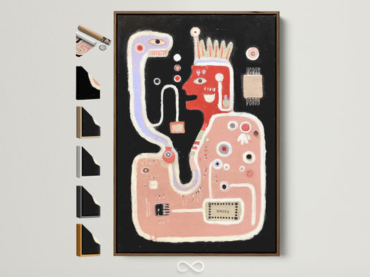 A brown frame displays abstract monster art. This quirky contemporary wall art features playful creatures. There are various frame options displayed on the side. This artwork is perfect for kids room decor.