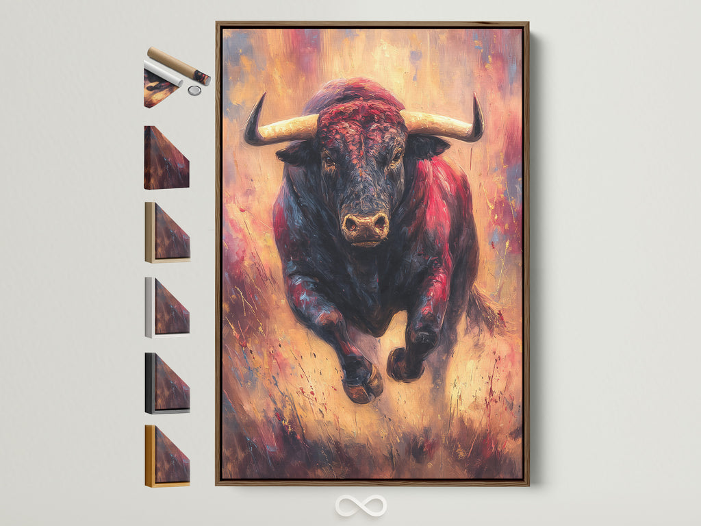 Artwork of a Bull in a brown wooden frame hangs on a white wall. All available frame options are displayed on the side. Select the perfect frame to complement your art. Enhance your space with our premium framing choices.
