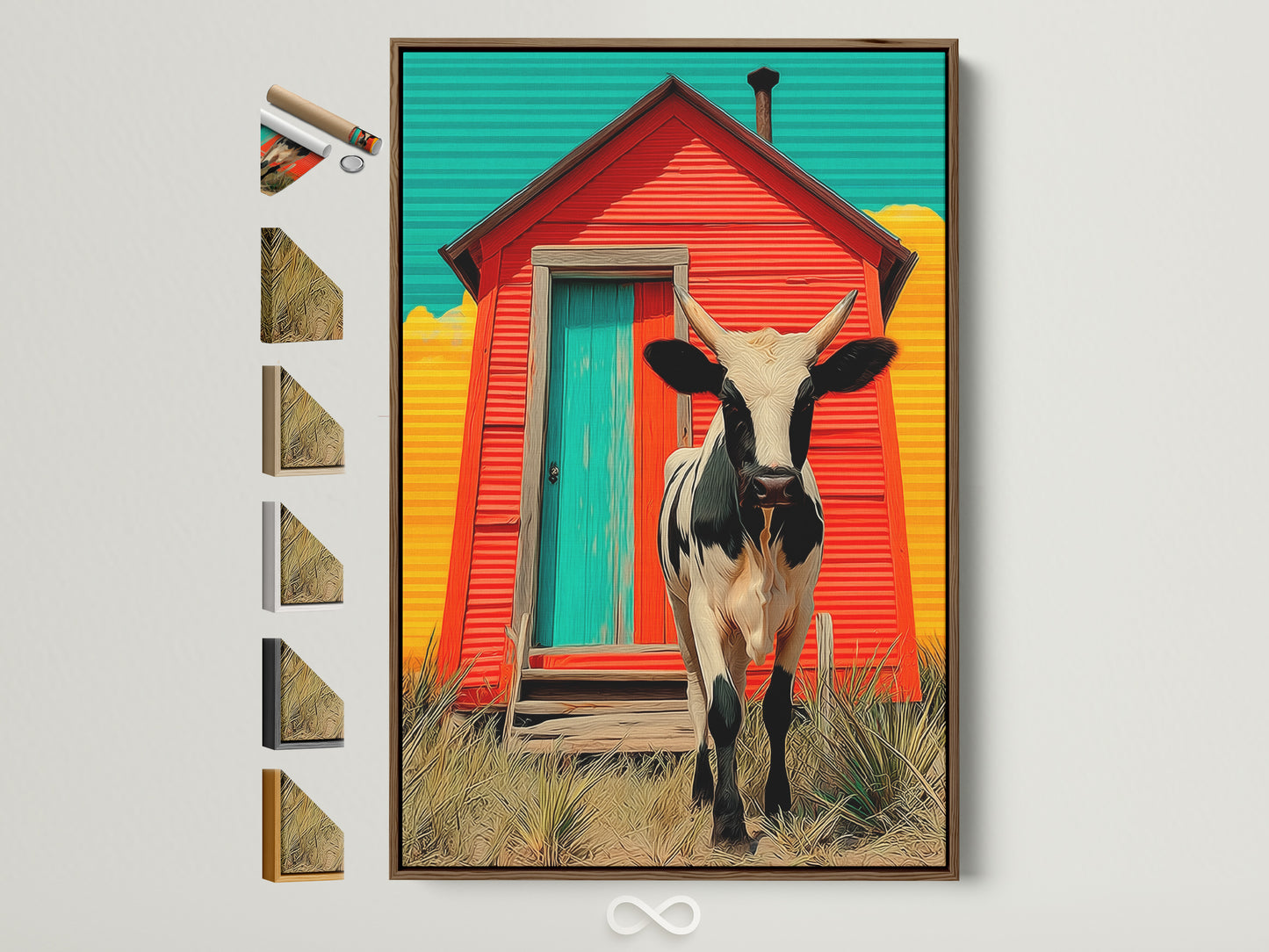 Explore frame options for your cow artwork. See the brown frame alongside other available styles. Discover the perfect match for your farmhouse wall art. Find the ideal frame to enhance your rustic barn animal print.