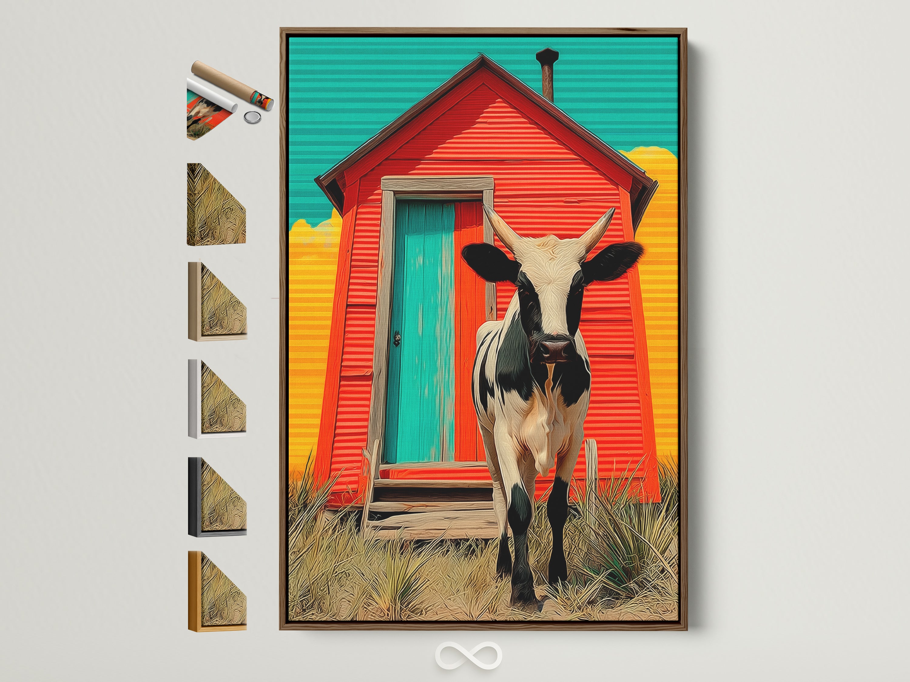 Explore frame options for your cow artwork. See the brown frame alongside other available styles. Discover the perfect match for your farmhouse wall art. Find the ideal frame to enhance your rustic barn animal print.