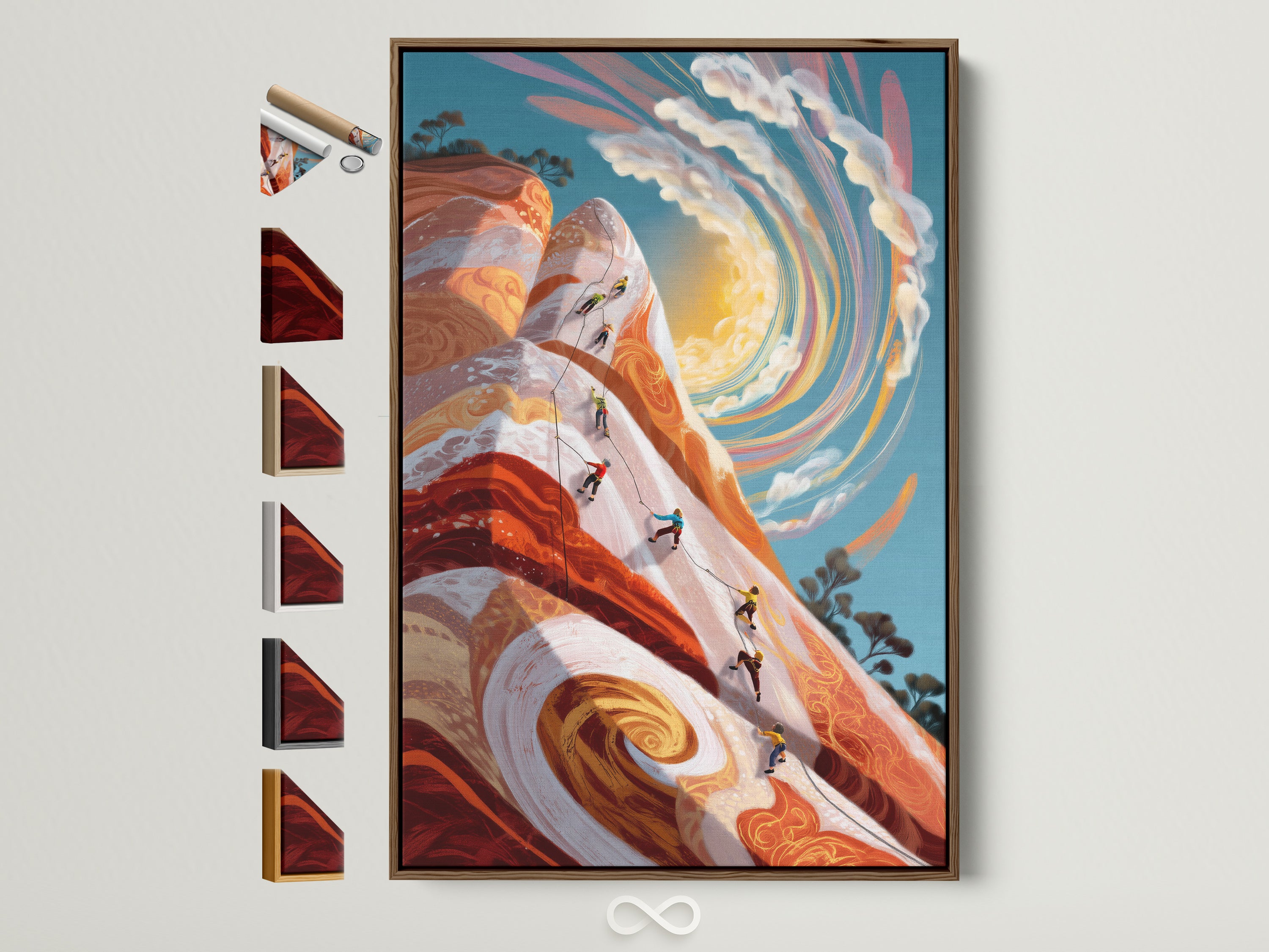 A brown frame displays mountain climbing artwork. It is an adventure wall art piece perfect for a home gym. See frame color options on the side. Ideal as a gift for a climber. The art features climbers on a mountain with orange and blue accents.