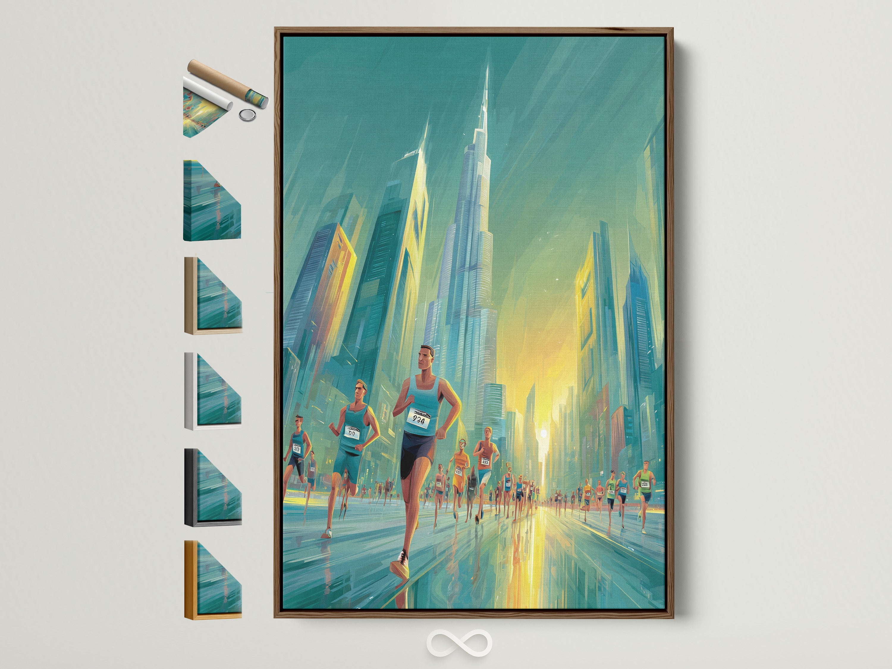 Artwork featuring a marathon race in Dubai. The painting is displayed in a brown frame. Explore framing options to enhance your artwork. Consider white black gold or oak frames. Find the perfect frame to complement your unique style and artwork.
