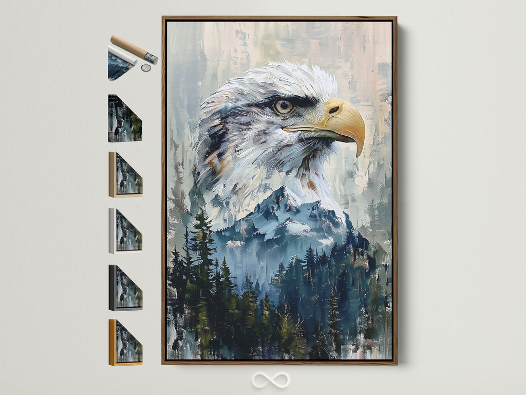 Artwork featuring an eagle and mountain scene. The art is displayed in a brown frame. Explore framing options to complement your style. Find the perfect frame for your artwork.