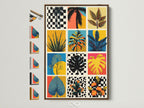 Brown frame with all frame options on the side. The artwork is a grid of tropical-themed squares. The squares include palm trees monstera leaves and other tropical plants. This vibrant piece adds a touch of paradise to any room.