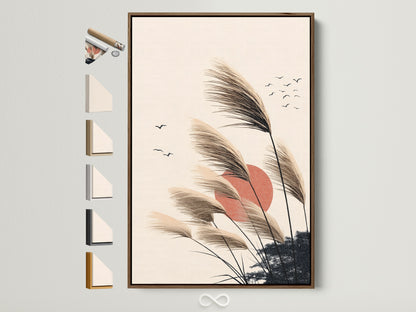 Pampas Grass artwork in a brown frame. All frame options are displayed. This boho sunset wall art brings minimalist nature indoors. Perfect neutral decor for a bedroom or living room. The beige and brown tones complement any scandi art style. This artwork creates a calming and sophisticated ambiance.
