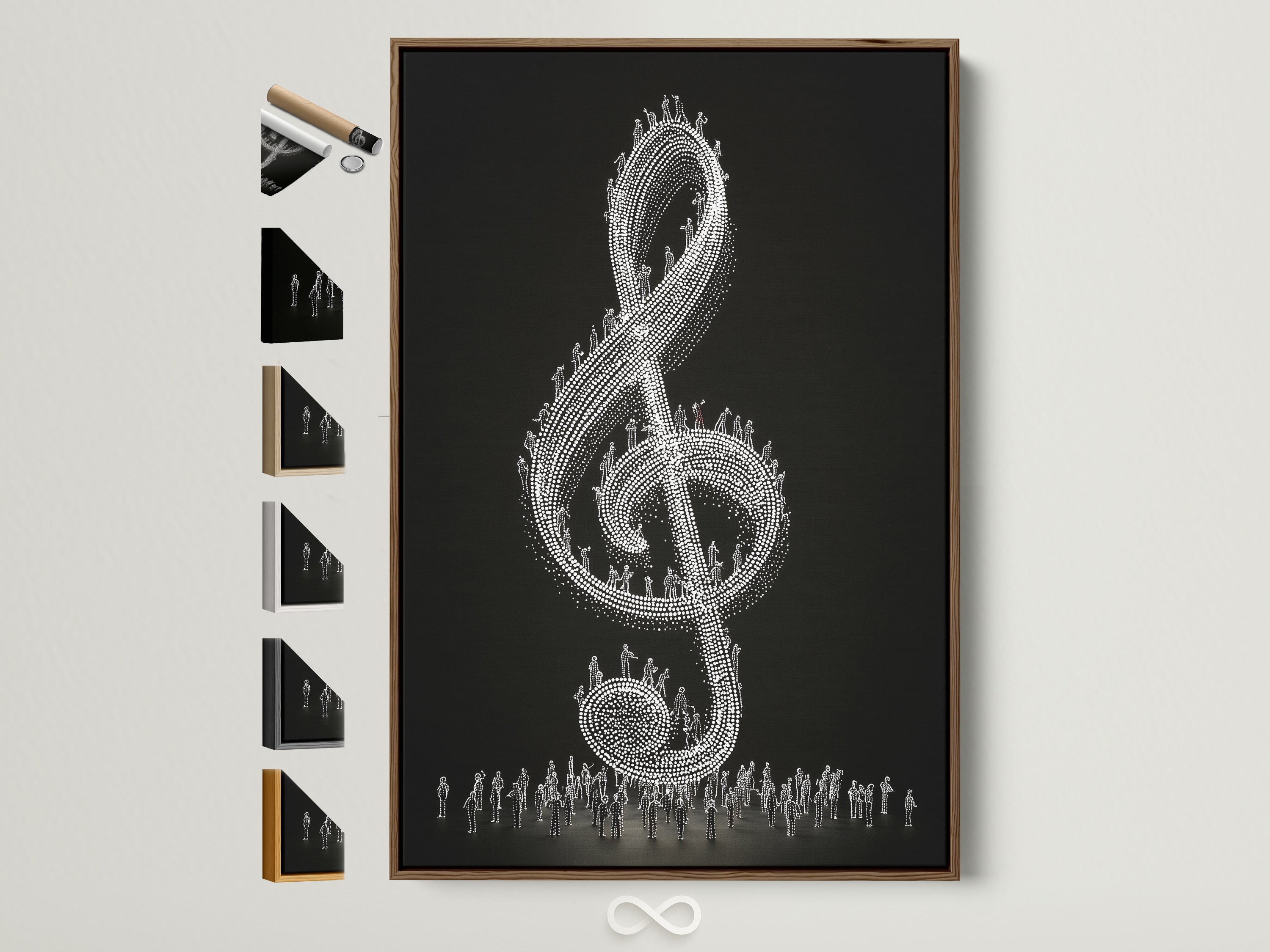 A treble clef artwork is displayed in a brown frame. The artwork features a black background. Tiny figures make up the musical symbol. Explore frame options for your music wall art today. Perfect for music teachers and music lovers.