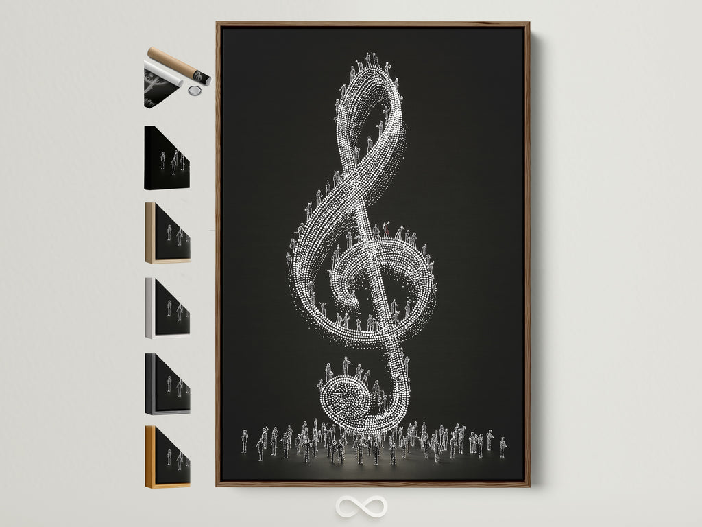 A treble clef artwork is displayed in a brown frame. The artwork features a black background. Tiny figures make up the musical symbol. Explore frame options for your music wall art today. Perfect for music teachers and music lovers.