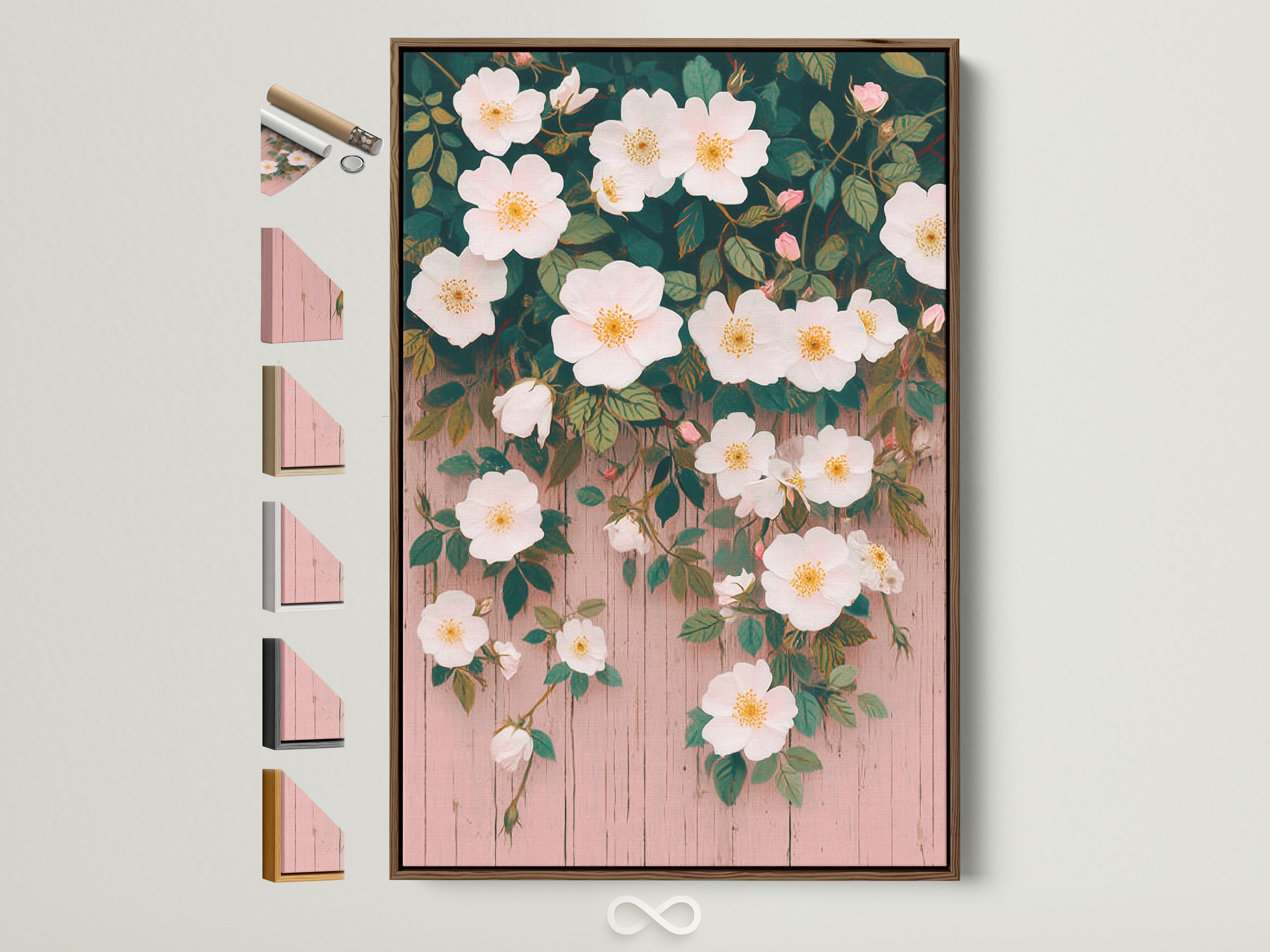 A framed white floral art print is displayed on a wall. The artwork features a pink background. The artwork is encased in a brown wooden frame. The frame options are visible on the side. This botanical canvas wall art adds a cottagecore touch to any room.
