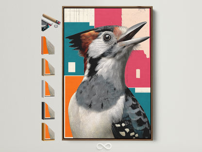 Brown frame showcasing available frame options on the side. The frame displays a retro Woodpecker bird artwork. Geometric style gives study room and office a touch of nature. Bird canvas art is perfect for birdwatching gift. Colorful wall art for avian art print and bird lover gift.