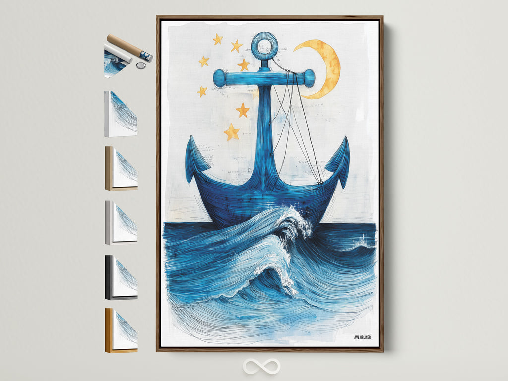 Anchor Canvas Print with a brown frame displayed on a white wall. Explore our nautical wall art collection. Discover blue ocean wave posters perfect for coastal home decor. Enhance your space with seaside artwork. Find the ideal piece for your beach house or coastal retreat. All frame options are displayed on the side