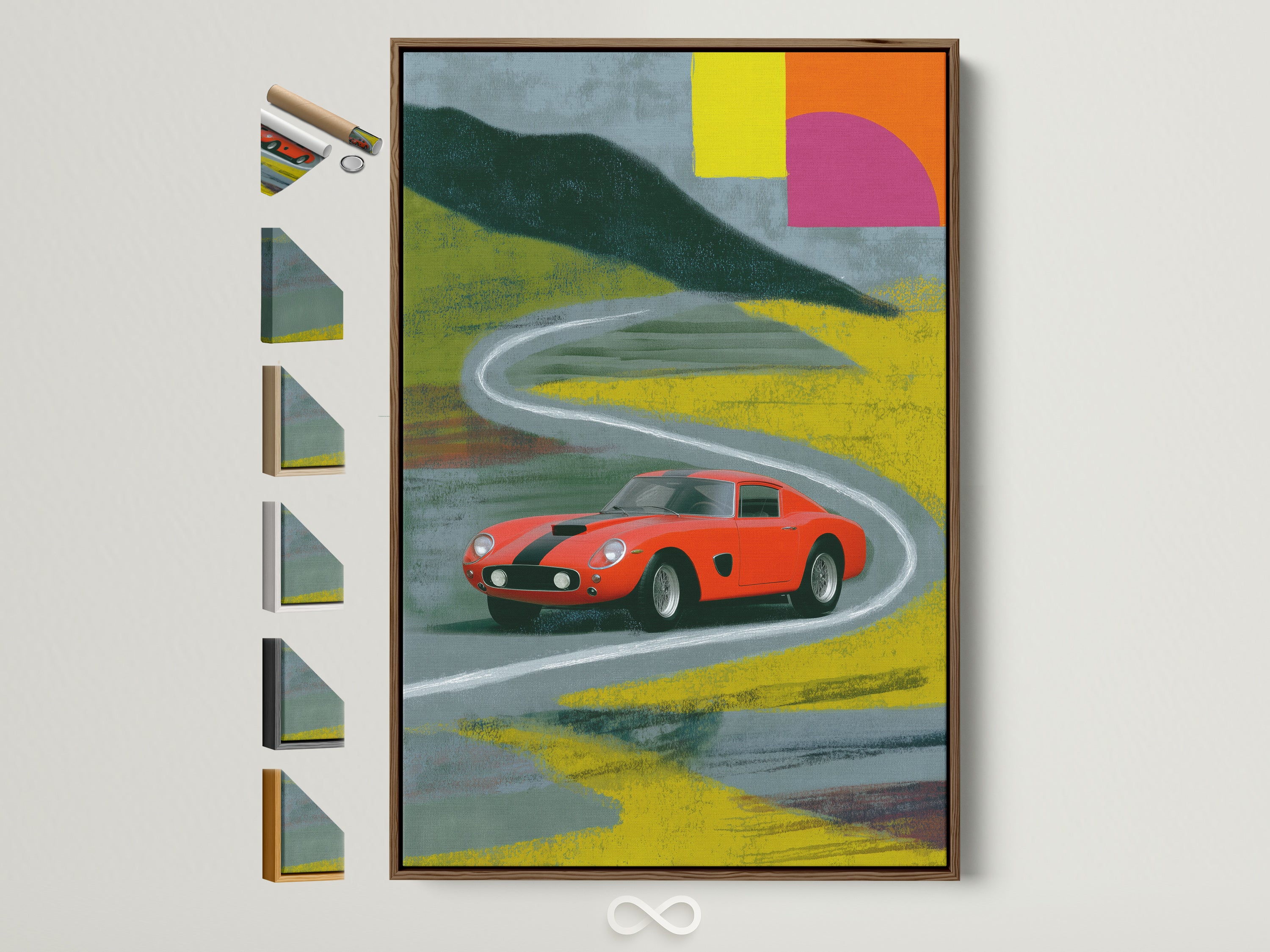 Vintage Ferrari artwork in a brown frame. Many frame options are displayed on the side. The artwork features a red Ferrari on a winding road. Contemporary style suitable for garage wall art or a man cave. A great gift for car enthusiasts.