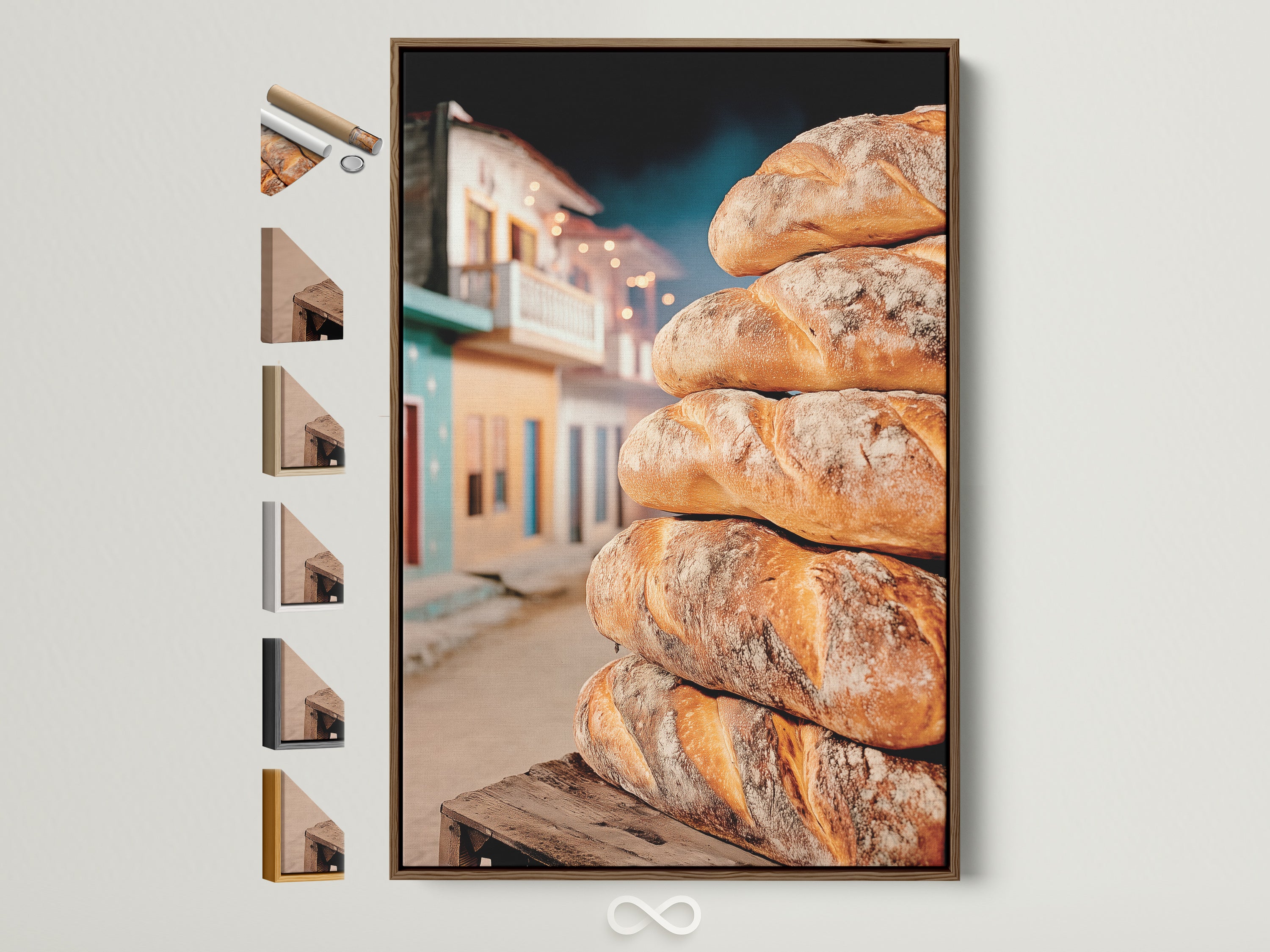 Brown frame presents all available frame options. Showcase the variety of choices for framing artwork. Perfect for rustic kitchen art. Options include oak white black and gold frames.