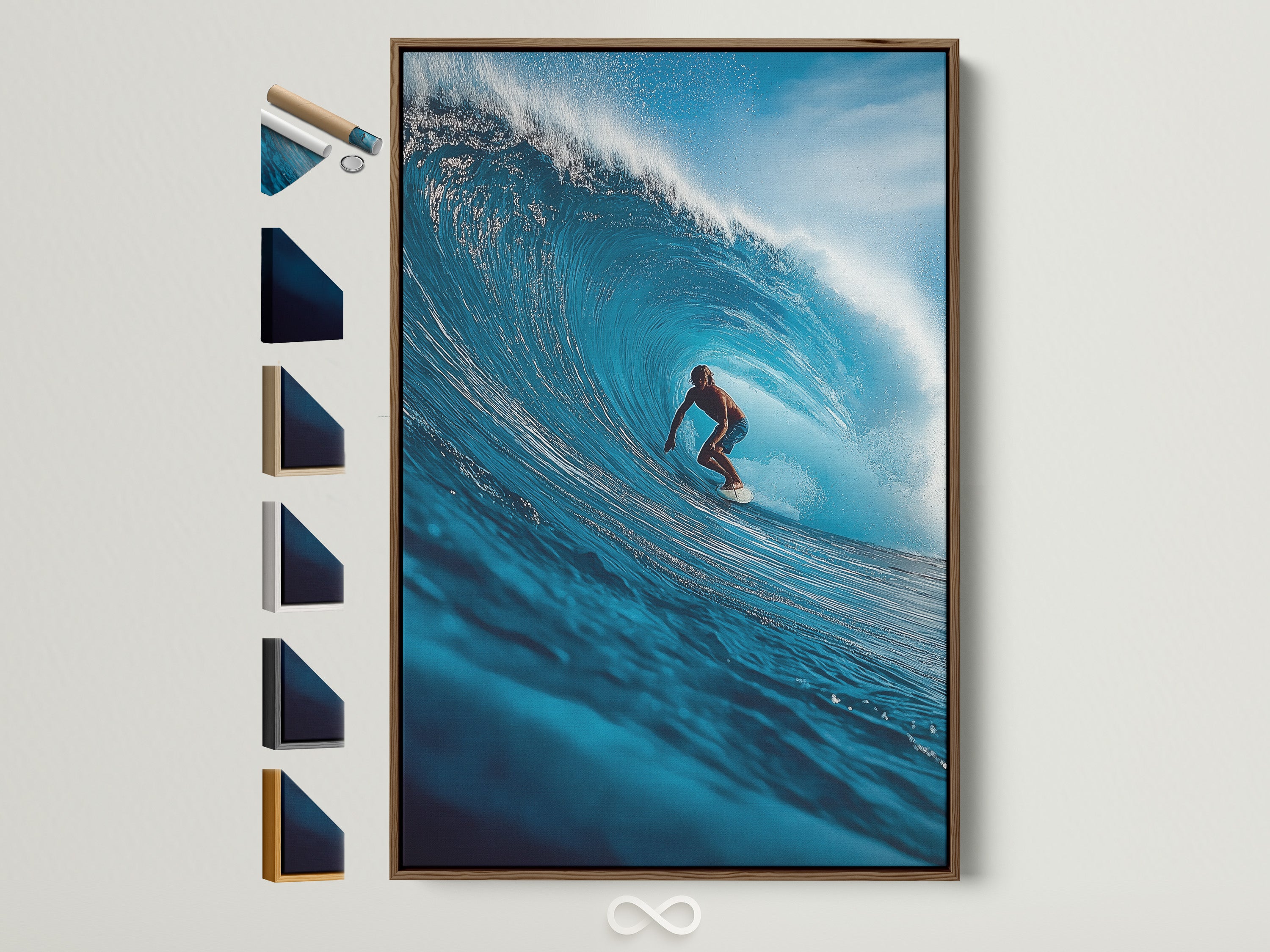 A surfer rides a large wave in a fine art print. The artwork is framed in a brown frame. All frame options are displayed on the side. Enhance your home with stunning framed art.