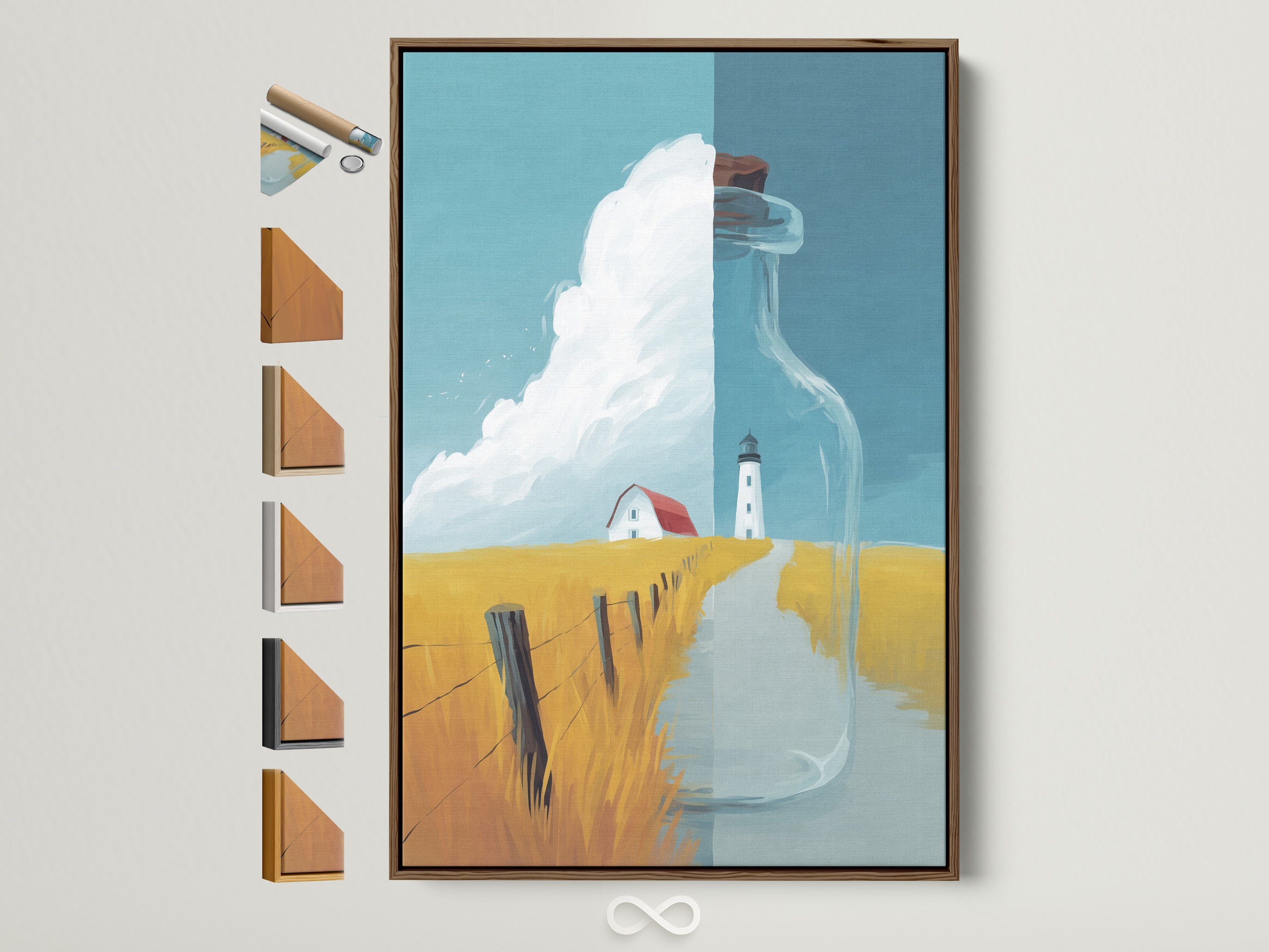 Coastal Lighthouse Canvas Artwork with a brown frame. This nautical landscape print features a serene ocean view. All frame options are displayed alongside the artwork. Perfect farmhouse wall decor for any entryway.