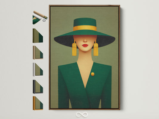 Elegant woman portrait artwork with an art deco style. The artwork features emerald green and gold accents. It is displayed in a brown frame. Perfect for adding a touch of vintage fashion to your wall. All frame options are visible here for additional choices.