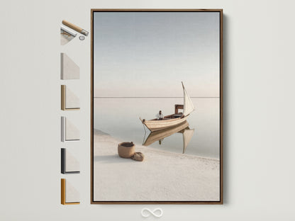 Coastal Seascape Wall Art in a brown frame. This minimalist nautical photography brings a serene ocean view to your bedroom or living room. Multiple Frame options are displayed. A perfect piece of beige coastal artwork.
