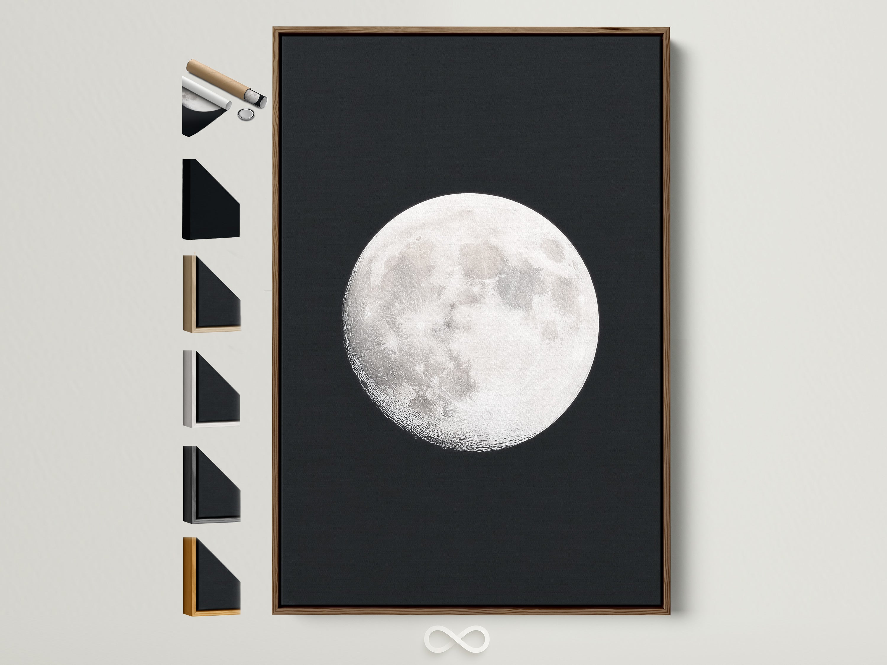 Full Moon lunar phase artwork with a brown frame. This celestial art piece enhances bedroom decor. Explore astronomy gifts and moon phase art. Discover space themed art for modern moon art lovers. A unique astrology gift and night sky print. Perfect for full moon artwork enthusiasts and celestial print collectors.