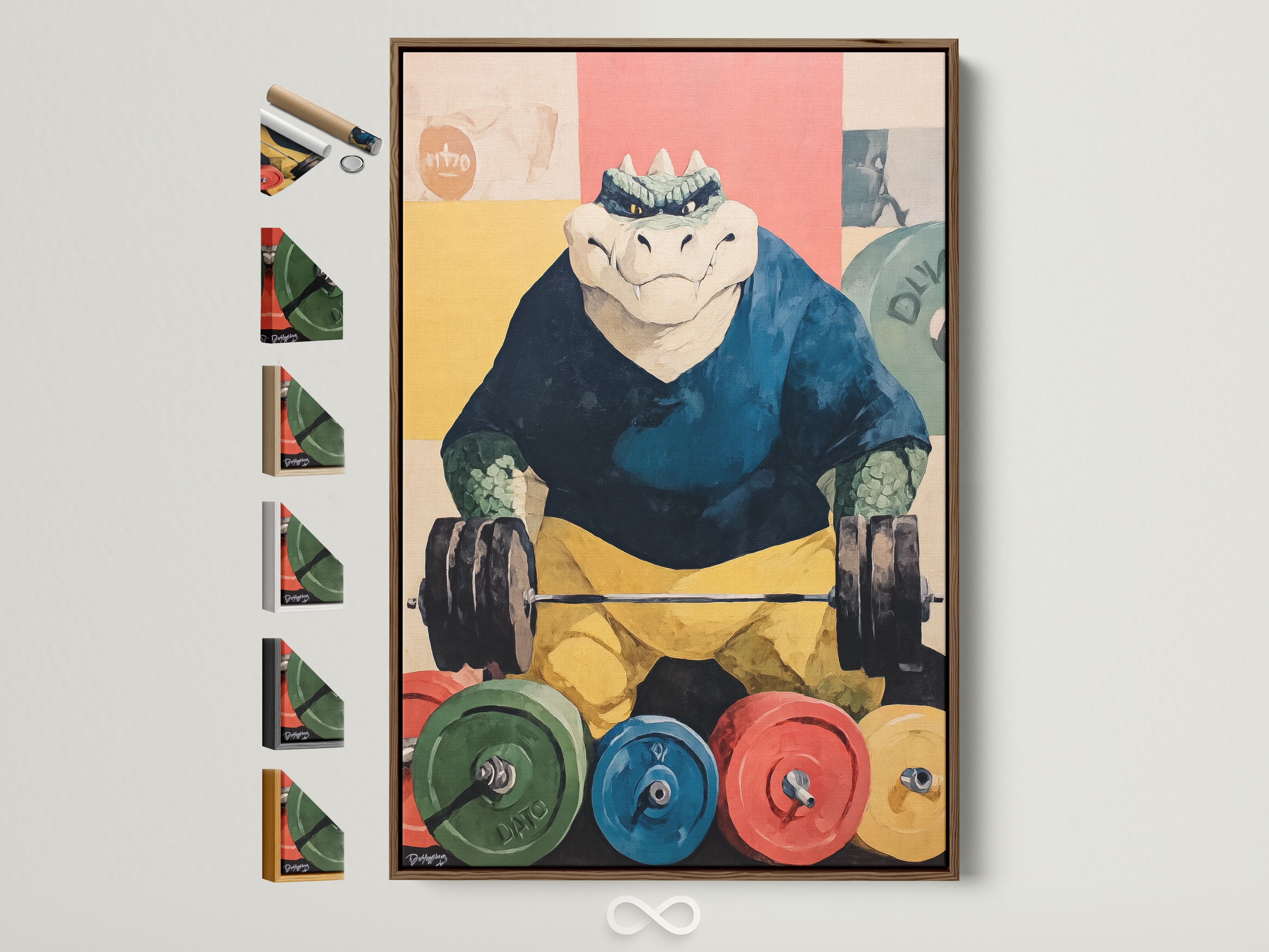 Weightlifting Gator artwork in a brown frame. See all frame options next to the framed artwork. This funny reptile wall art is great gym decor. It makes a unique fitness gift.