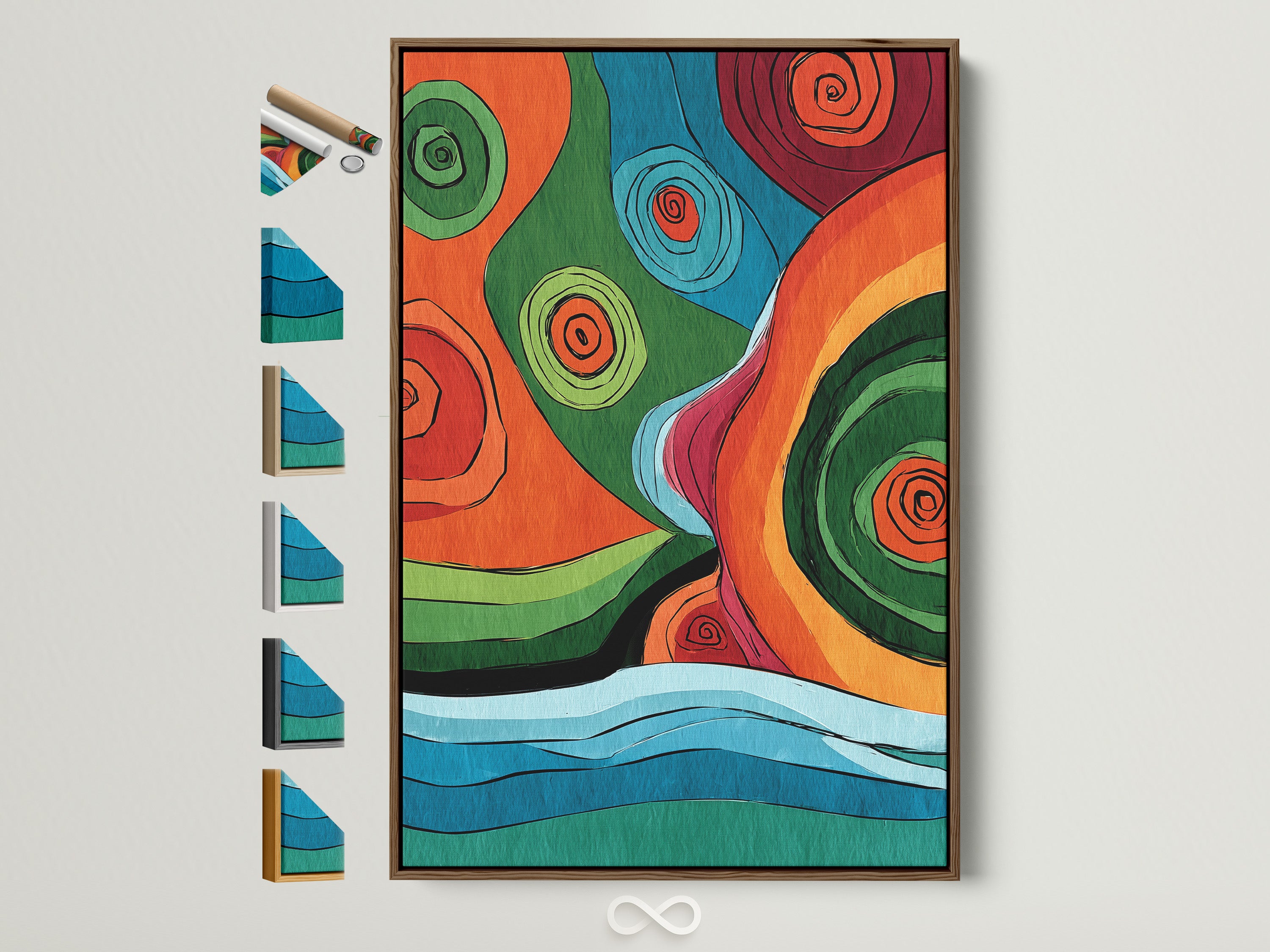 A vibrant piece of abstract artwork with a light brown frame is displayed. The frame options are neatly arranged on the side. This artwork is perfect for adding a pop of color and modern flair to any room. Explore the various framing choices to match your unique style.