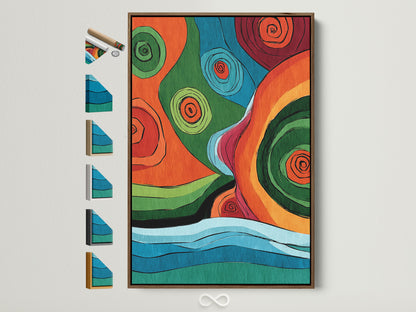 A vibrant piece of abstract artwork with a light brown frame is displayed. The frame options are neatly arranged on the side. This artwork is perfect for adding a pop of color and modern flair to any room. Explore the various framing choices to match your unique style.